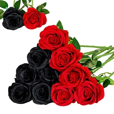 Afbeelding van Floralsecret 12 stuks kunstrozen, boeket, kunstzijde, bloemen, thuis, bruiloft, feest, decoratie (zwart, rood)