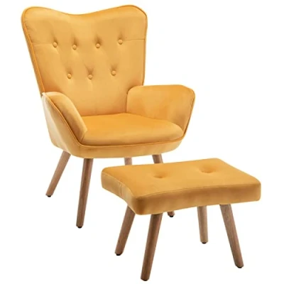 Afbeelding van HollyHOME Fauteuil met voetsteun, relaxstoel, Scandinavische stoel, woonkamerstoel, bijzetstoel, leesstoel, slaapkamerstoel, geel