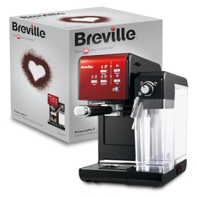 Afbeelding van Breville PrimaLatte II Koffie en espressomachine Italiaanse pomp met 19 bar geschikt voor koffiepoeder of pads geïntegreerde automatische melkopschuimer Zwart / Rood VFC109X 01