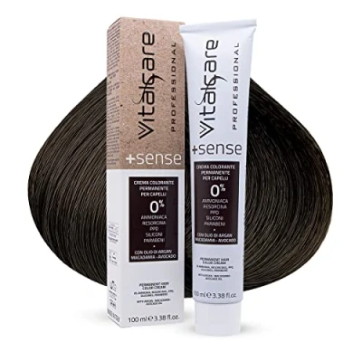 Afbeelding van Vitalcare +Sense professionele permanente haarkleur, kleurcrème, zonder ammoniak, resorcine, PPD, siliconen met arganolie, macadamia en avocado, 3/00 donkerbruin, 100 ml