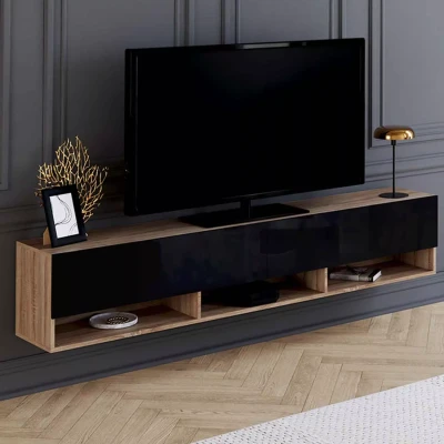 Afbeelding van Meuble TV 180 cm suspendu ELIO 2 portes avec étagère bois et noir