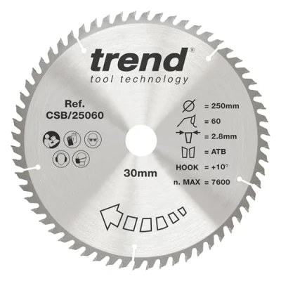 Afbeelding van Trend Cirkelzaagblad voor hout, 250 mm diameter, 30 boring, 80 tanden, TCT, 3 zaaglijn, 15 haak, CSB/25080