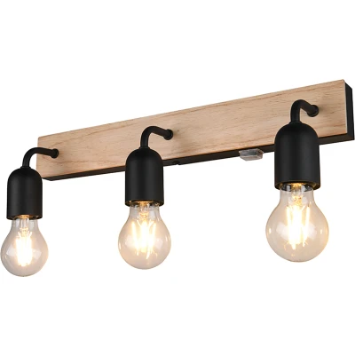 Afbeelding van Trio Leuchten badkamerlamp ARTURO 284470332, mat zwart metaal, natuurlijk hout, excl. 3x E27