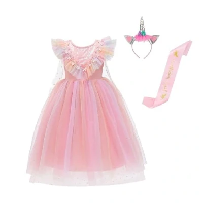 Afbeelding van Lito Angels Verkleedjurk prinsessenjurk met eenhoorn voor kinderen, meisjes, cape en haarband, maat 2 3 jaar, roze regenboog (etiket van stof 100)