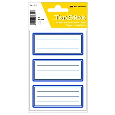 Afbeelding van TopStick 1346 stuks etiketten voor boek om op te schrijven, neutrale blauwe rand, 76 x 35 mm, zelfklevend, gelinieerd, school, kinderen, meisjes, jongens, wit
