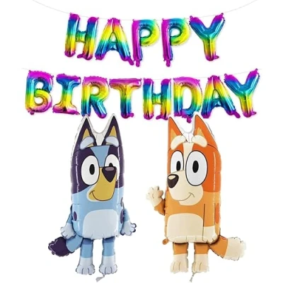 Afbeelding van Toyland® Bluey &amp; Bingo 2 stuks folieballonnen met figuren van 80 cm en 1 x 40,6 regenboog Happy Birthday banner, feestdecoraties voor kinderen