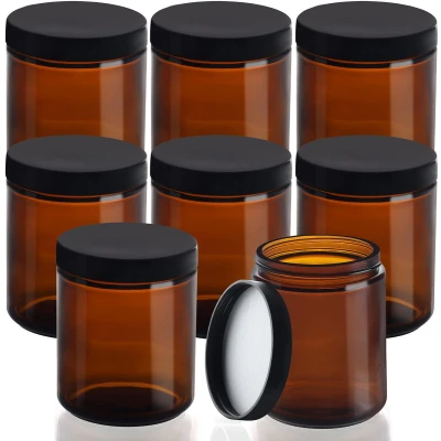 Afbeelding van Belle Vous Ronde Amberkleurige Glazen Potten (8 Stuks) 240 ml Lege Hervulbare met Zwarte Schroefdeksels Pot voor Cosmetische Opslag, Lotion, Gezichtscrème, Essentiële olie, Zalf &amp; Make up