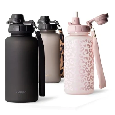 Afbeelding van MAMEIDO Drinkfles 1 l met rietje en motivatietijdmarkering, sportfles polsband, waterdichte kinderfles, BPA vrije waterfles, waterfles (rijk zwart, 1000 ml)