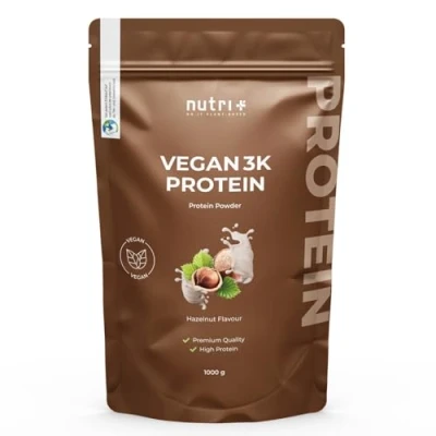 Afbeelding van Nutri+ Vegan 3K Protein Eiwitpoeder Hazelnut Veganistisch proteïnepoeder met proteïnen uit soja, erwten en zonnebloem lactosevrij glutenvrij 1000 g