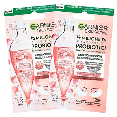 Afbeelding van Garnier SkinActive Herstellend Oogmasker 1/2 miljoen probiotische fracties voor alle huidtypes, minimaliseert fijne rimpels van biologisch afbreekbare stof, 2 verpakkingen met elk 1 toepassing