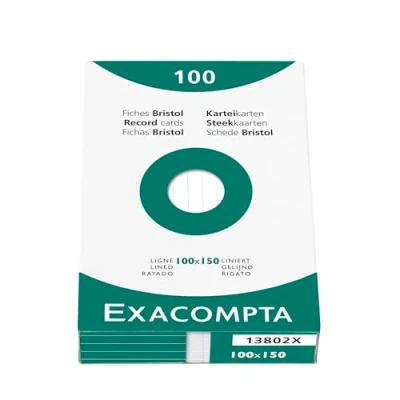 Afbeelding van Exacompta Réf. 13802X Carton de 10 étuis 100 fiches bristol lignées non perforées format x 150 mm compatibles avec imprimante jet d&#039;encre, laser et photocopieur blanc