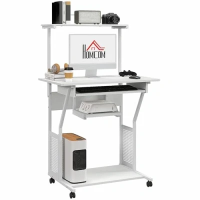 Afbeelding van HOMCOM Computerbureau, bureau met rolplank, werkplek en toetsenbordlade, computertafel op wielen, 80 x 50 130 cm, wit