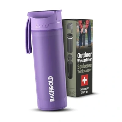 Afbeelding van Bachgold® Filterfles voor niet drinkbaar water [650 ml] met een filtercapaciteit van 1500  l, elimineert 99,99% de bacteriën, virussen, deeltjes en zware metalen, waterfles, paars