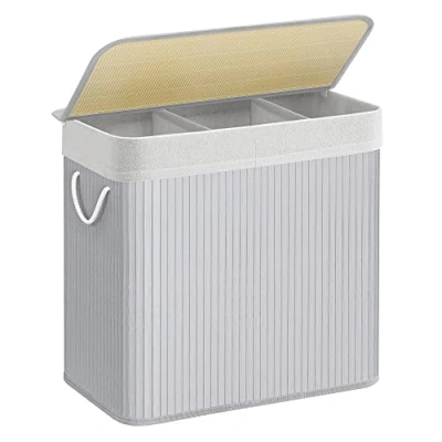 Afbeelding van 150L wasmand, wasmand met deksel, wassorteerder, gemaakt van bamboe, handvatten, 3 compartimenten, opvouwbaar, katoen, waszak, machinewasbaar, wasruimte, grijs