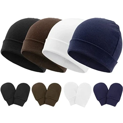 Afbeelding van DRESHOW Babymutsen en beschermende handschoenen van katoen, 3 stuks bijpassende cups paar met klittenbandsluiting voor kinderen, baby&#039;s, meisjes jongens (0 maanden), 4 sets F05: katoenen hoeden &amp; Mittens