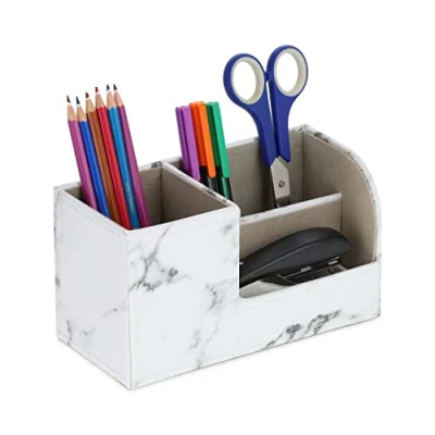 Afbeelding van Relaxdays pennenbak marmer look bureau organizer 3 vakken pennen groot