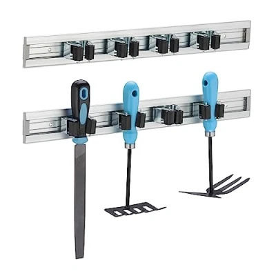 Afbeelding van Relaxdays 2x ophangsysteem tuingereedschap bezemhouder wand gereedschapsrek klemmen