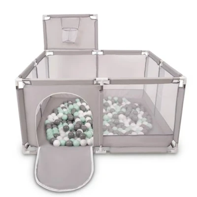 Afbeelding van Selonis kinderbox met mand en 200 ballen, grijs:wit/grijs/minze