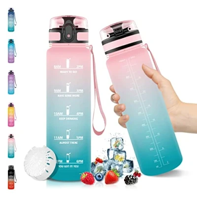 Afbeelding van Waterfles, sportfles, 1 liter, BPA vrij, waterdicht en herbruikbaar, met één klik, geschikt voor fitness, yoga, kamperen, wandelen
