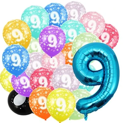 Afbeelding van 9 jaar, verjaardag, opblaasbare ballonnen, cijfer en 20 ballonnen van 30 cm, enorme folieballonnen 101 verjaardagsdecoratie, meisjes, jongens, met helium vliegen