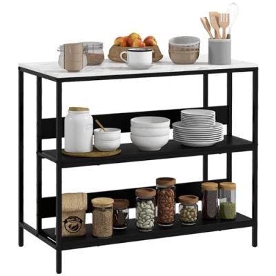 Afbeelding van HOMCOM Desserte Keukeneiland, keukenkast, dienblad in marmerlook, frame van staal, 2 planken, opbergkast voor woonkamer, moderne stijl, 100 x 50 90 cm, zwart