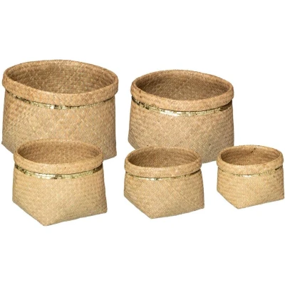 Afbeelding van Atmosphera Rieten mandenset bloempot Naturel en goud Set van 5 Opberger Zeegras