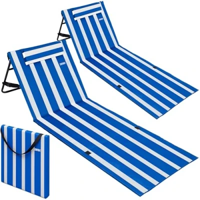 Afbeelding van DETEX Set 2x Opvouwbare Strandmat Rugleuning Kussen Draagriem Blauw Wit