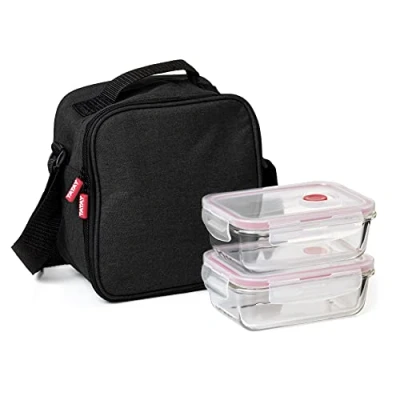 Image de TATAY Urban Food Casual Sac isotherme porte aliments, 3 l de capacité, 2 récipients hermétiques en verre 0,57 l, noir, 22 x 12 21,5 cm, 3,5