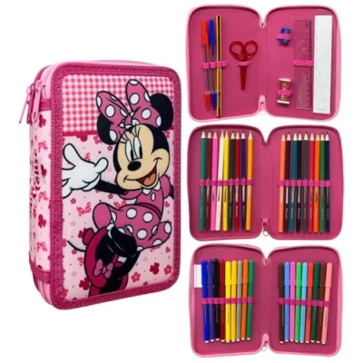 Afbeelding van CARTOON trousse 3 zip complet 44 pièces papeterie multi compartiments stylos crayons couleurs marqueurs giotto pour l&#039;école, Minnie.,
