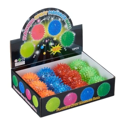 Afbeelding van stuiterbal met lichtjes set van 12 noppen 4 kleuren lichtgevende egelballen Ø 6,5 cm gekleurd