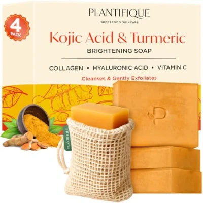Afbeelding van PLANTIFIQUE Turmeric &amp; Kojic Acid Soap Set van 4 repen Gezichtsspeeling Zeep met Kurkuma, Vitamine C en Collageen voor Tone Huid Natuurlijke Zeep, Solide Gezichtsreiniger, 320 g