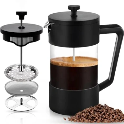 Afbeelding van POWZOO French Press koffiezetapparaat, 1000 ml (5 kopjes), Franse karaf voor filterkoffie, hittebestendig, borosilicaatglas, drievoudige filters van roestvrij staal, koffie/theepot (zwart)