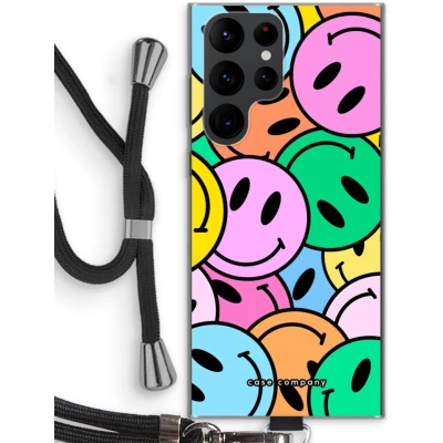 Afbeelding van Case Company® hoesje met Koord geschikt voor Samsung Galaxy S22 Ultra Smiley N1 Telefoonhoesje Zwart Bescherming aan alle Kanten en Over de Schermrand