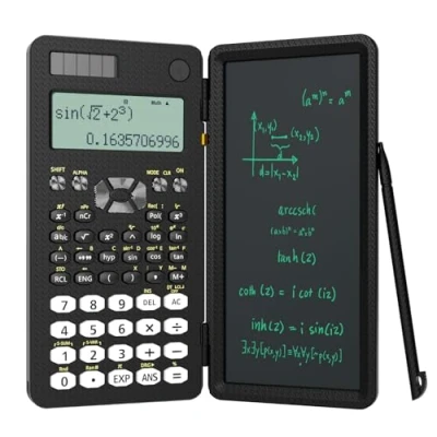 Afbeelding van ROATEE Professionele wetenschappelijke rekenmachine 82MS Plus met uitwisbaar lcd schrijfblad, dubbele stroomvoorziening op zonne energie en batterij, bureaurekenmachine notitieblok voor kantoor,