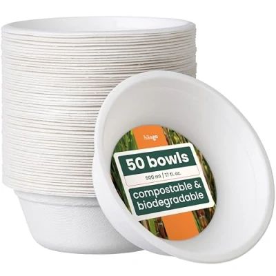 Afbeelding van HÄAGO 50 Stevige Kartonnen Kommetjes van Suikerriet (⌀ 15,5cm) Magnetronbestendig, Milieuvriendelijk, Biologisch Afbreekbaar Perfect voor Picknicks, Buffetten, Barbecues