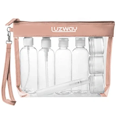 Afbeelding van LUZWAY Toilettas transparant + 8 lege reisflessen voor vloeistoffen (max. 100 ml), reisset vliegtuig, in handbagage, make uptas mannen en vrouwen, Roze
