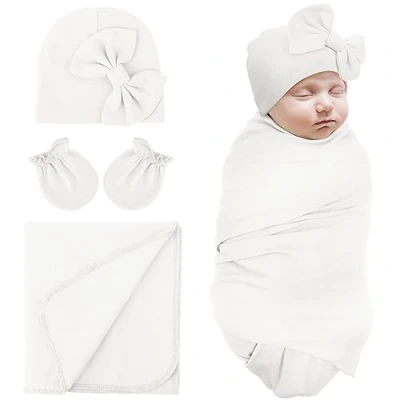 Afbeelding van DRESHOW Katoenen wikkeldeken voor pasgeborenen met wanten en ziekenhuismutsen, 1 set Y04: Blankets hoeden &amp;