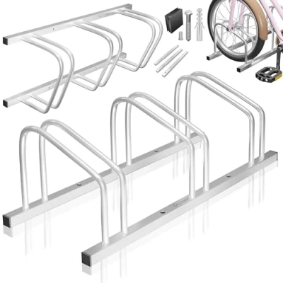 Afbeelding van KESSER® Fietsenrek voor 3 fietsen met parkeerbord, meervoudige houder wielafstand van 37 cm bandbreedte 30 tot 65 mm, fietshouder vloermontage of