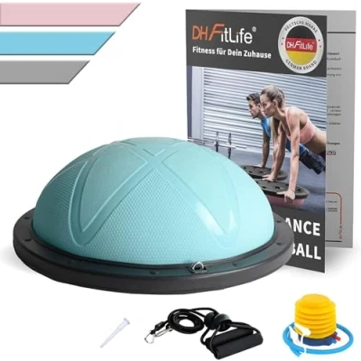 Afbeelding van DH FitLife Balansbal, yoga balanstrainer, diameter van 60 x 22 cm, tot 200 kg belastbaar, halve gymnastiekbal, fitness balansboard,evenwichtsboard met pomp en 2 fitnessbanden