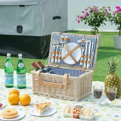 Afbeelding van Picknickmand Lumparland incl. inhoud voor 4 personen 42x28x20 cm naturel wit en blauw casa.pro