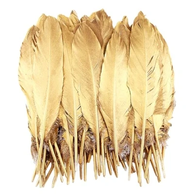 Afbeelding van 50 gouden veren, kleurrijke veersieraden om te knutselen, natuurlijke veerdecoratie, kan worden gebruikt voor het maken van kledingaccessoires, hoeden en