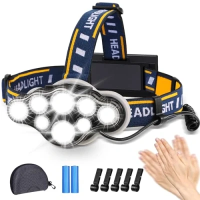 Afbeelding van Hyted Superheldere hoofdlamp, 18000 lumen, 8 leds, modi, met rood waarschuwingslicht, USB, oplaadbaar, waterdicht, perfect voor werk, outdoor, camping, wandelen, vissen