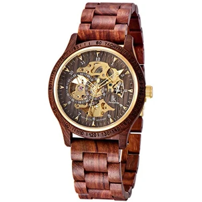 Afbeelding van Alienwork IK Wood Automatisch horloge voor dames en heren van natuurlijk hout met glazen bodem, Rood/zilver/zwart/zilver/zilver/rode houten band, armband
