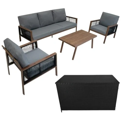 Afbeelding van Tuinmeubel Set 4 delig Houteffect Aluminium met Rotan Opbergbox Zwart Buiten 3 Zits Zitbank 2 Fauteuils Salontafel Kussens 582L Kist Gasveren Hefmechanisme Draagbaar Waterdichte Regenhoes