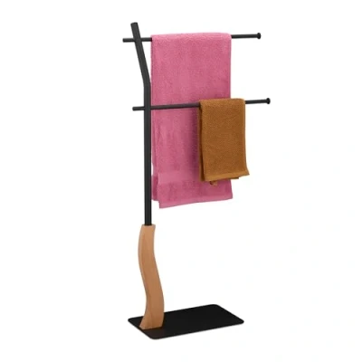 Afbeelding van Relaxdays handdoekenrek 2 stangen staal houtlook handdoekhouder staand badkamer
