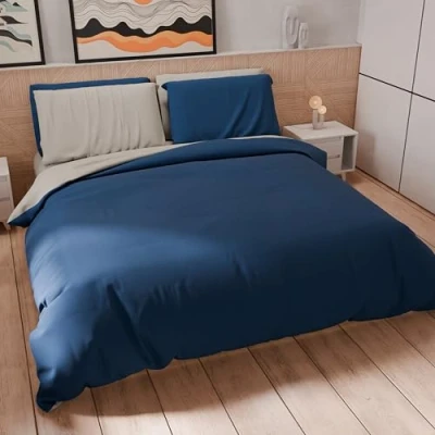 Afbeelding van PETTI Artigiani Italiani Tweepersoonsdekbedovertrek, dekbedovertrek en kussenslopen van microvezel, tweekleurig, lichtgrijs/nachtblauw, 100% Made in Italy