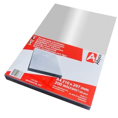 Afbeelding van Albyco Glanzende transparante omslag, dikte 0,20 mm/200 micron, A4 formaat, 210 x 297 mm, PVC platen, afdekplaten