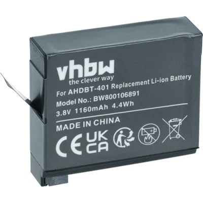 Afbeelding van vhbw Li ION batterij 1160 mAh (3,8 V) voor GoPro Hero 4 Edition Black Silver Surf Music zoals AHDBT 401, 335 06532 000
