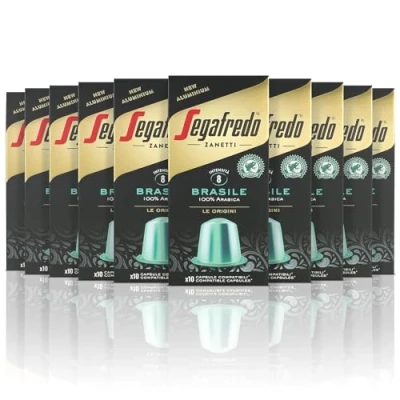 Image de Segafredo Zanetti Lot de 100 capsules en aluminium compatibles avec Nespresso Café 100% Brésil Goût doux et suave (10 boîtes 10 capsules) Convient pour les machines Original