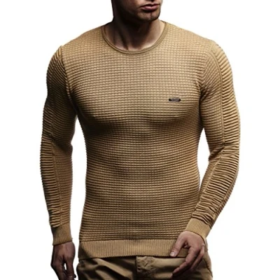 Afbeelding van Leif Nelson LN1545 fijn gebreide trui voor heren, ronde hals, slim fit, winter, zomer, moderne wollen wintertrui, lange mouwen, Donker beige